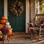Cozy fall front porch decorated with pumpkins, mums and a wreath on the door