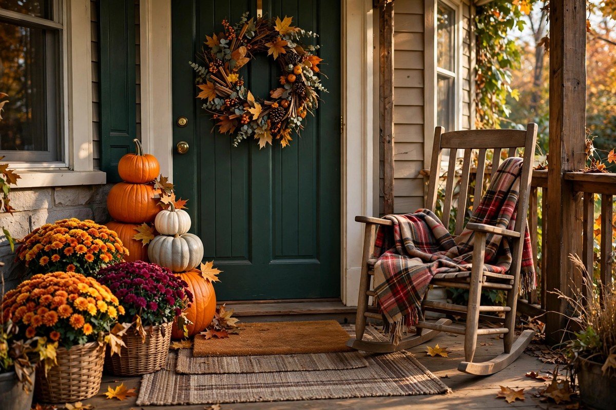 Cozy fall front porch decorated with pumpkins, mums and a wreath on the door