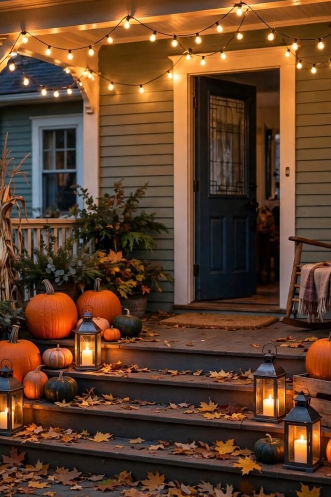 Warm white string lights glowing along a front porch in the evening