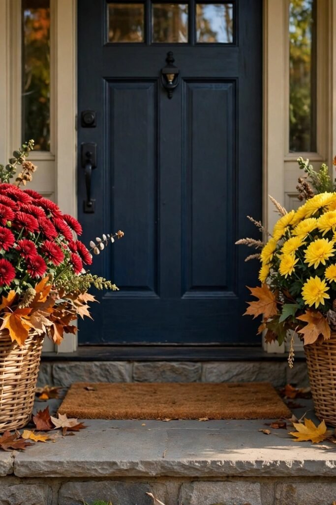 Chrysanthemums in woven baskets flanking a front door in fall