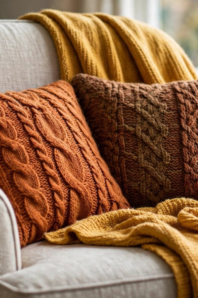 Armchair draped with a mustard throw blanket and knit pillows