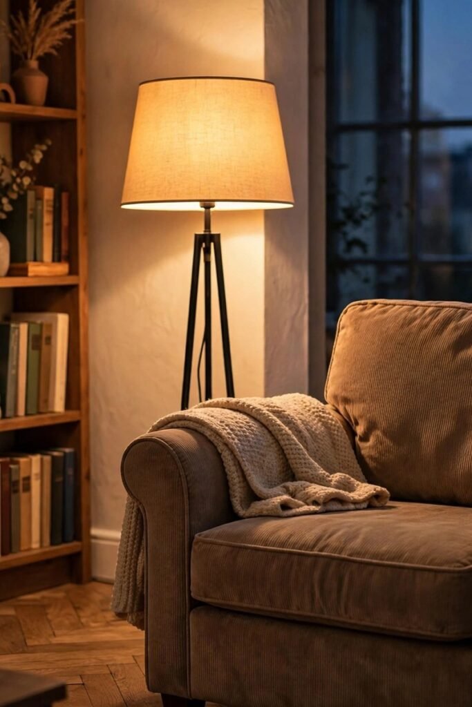 Warm floor lamp glowing behind a reading chair in the evening