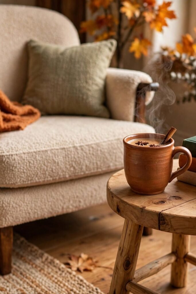 Small side table with a steaming mug of chai and a stack of books