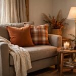 Living room sofa styled for fall with rust pillows and a knit throw blanket