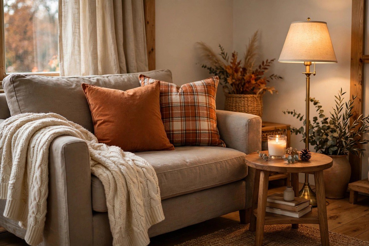Living room sofa styled for fall with rust pillows and a knit throw blanket