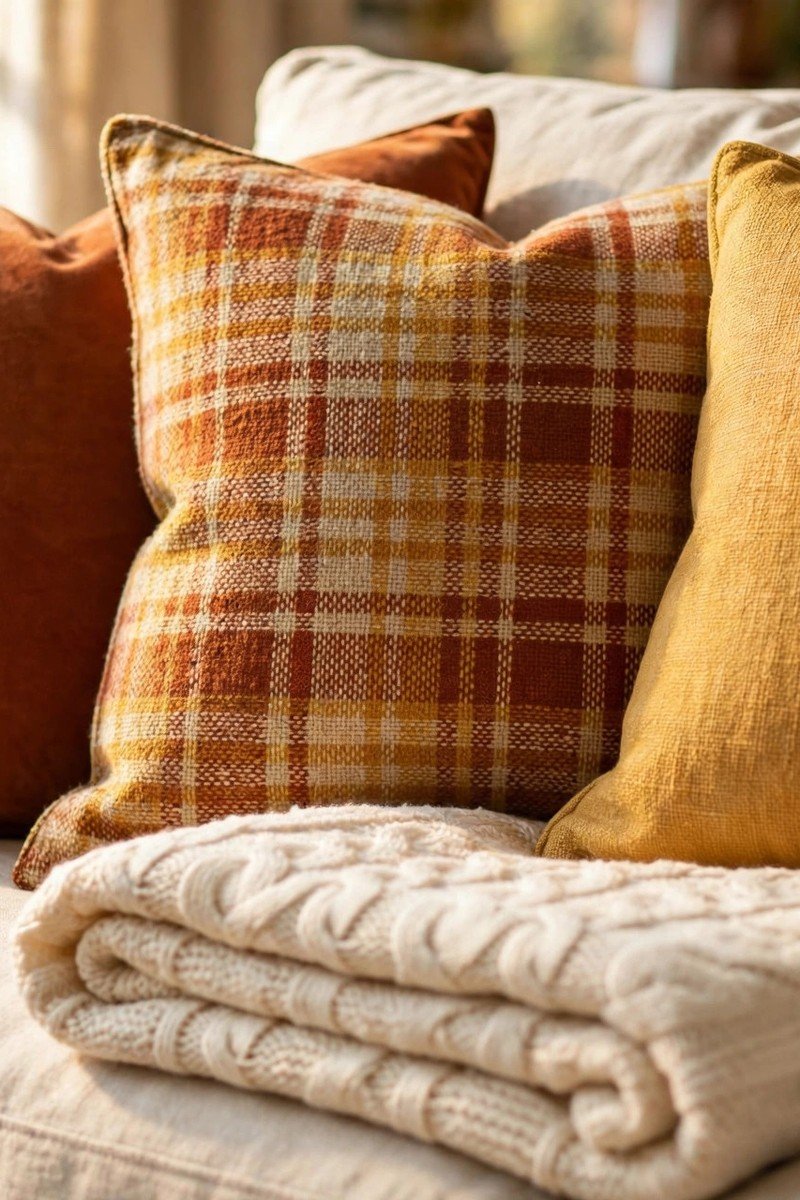 Close-up of layered fall throw pillows in rust, mustard, and plaid on a sofa