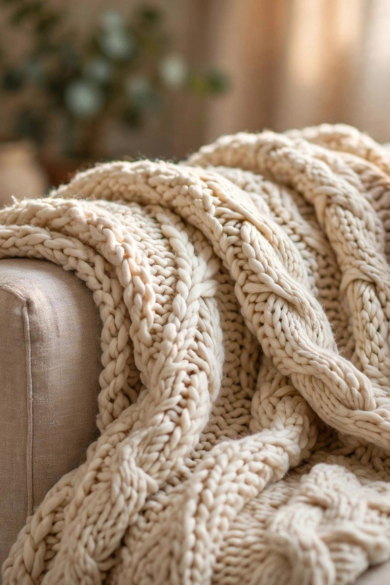 Chunky knit throw blanket draped over a sofa arm