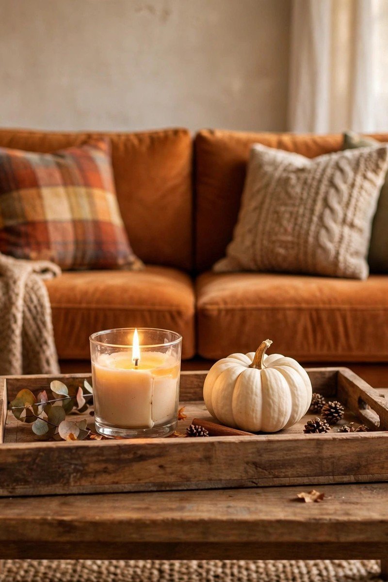 Wooden tray with a lit candle and small white pumpkin on a coffee table