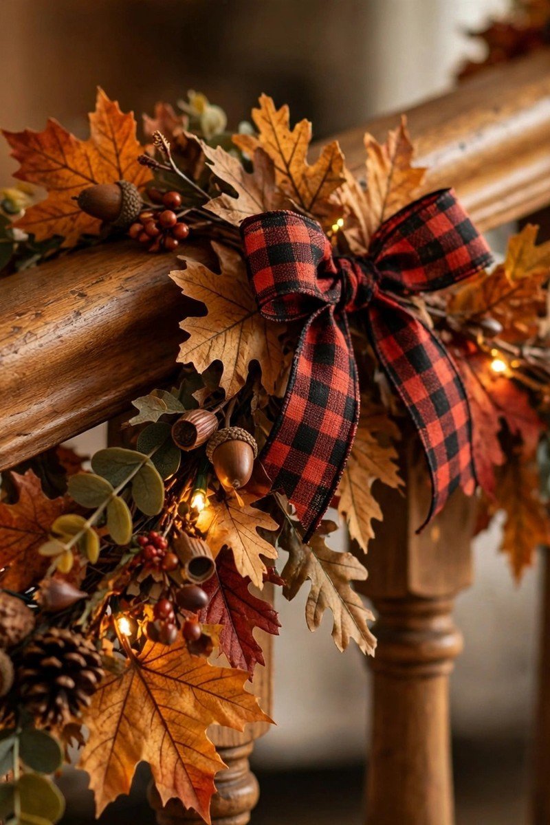 Wooden banister wrapped with fall leaf garland, plaid ribbon bows and fairy lights