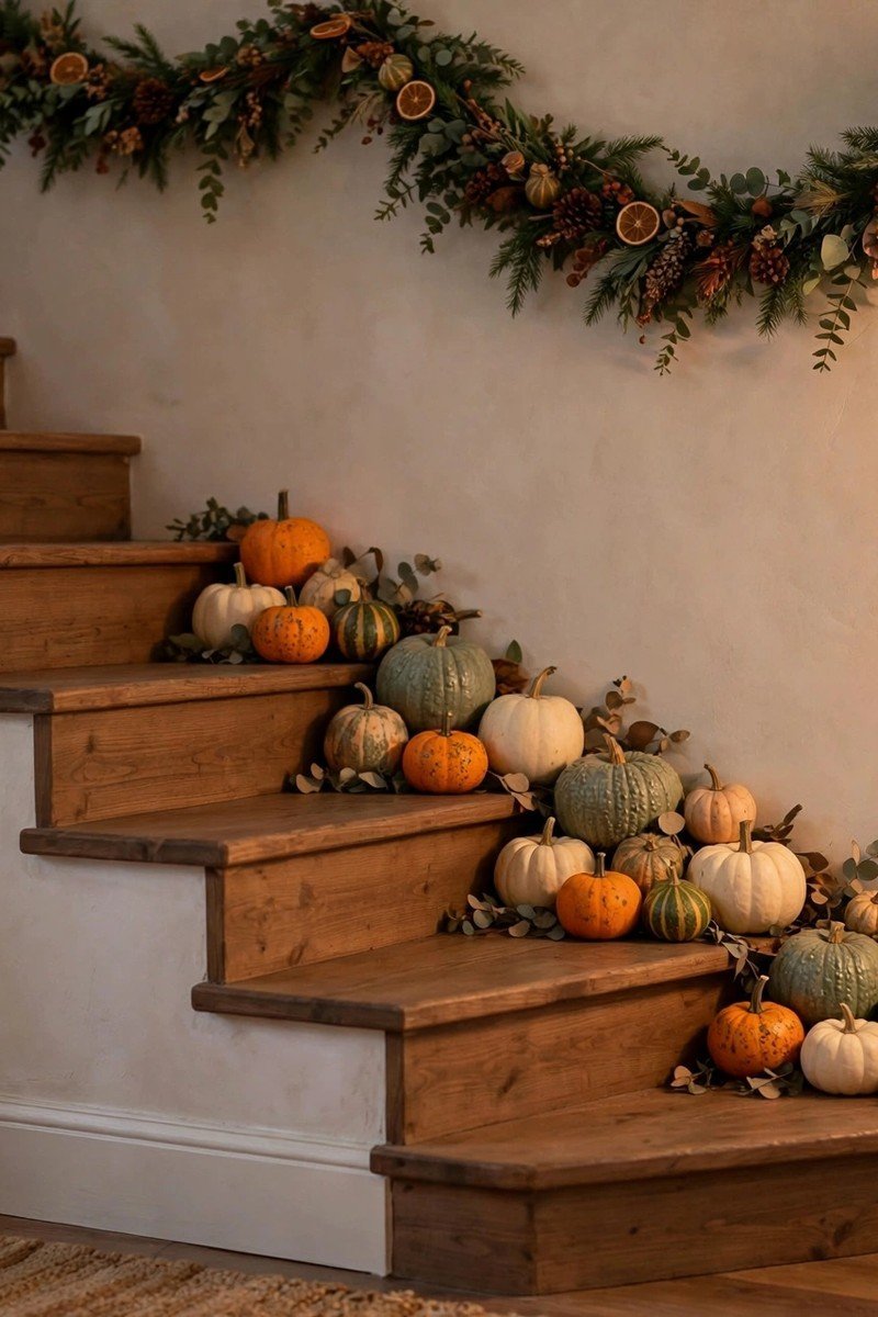 Small pumpkins and gourds placed on stair steps against the wall