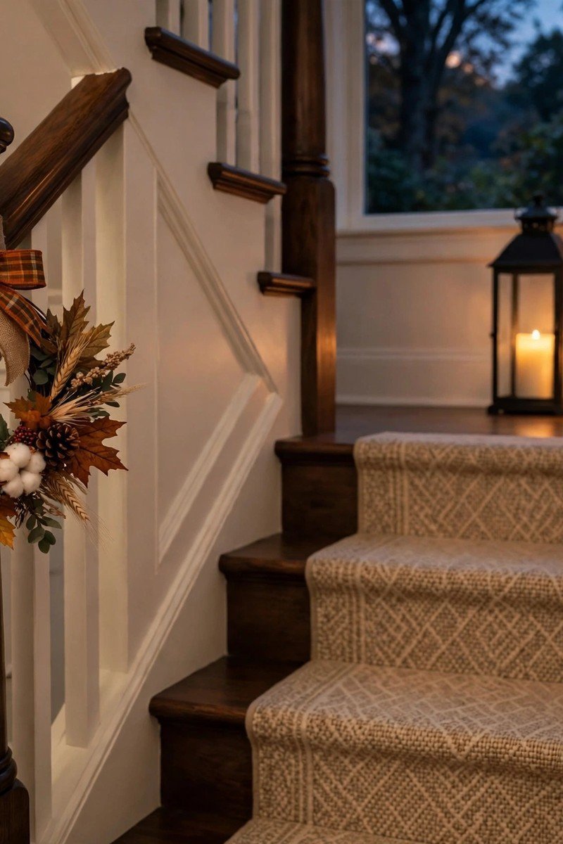 Newel post with a small fall wreath and lanterns glowing on the landing
