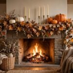 Fireplace mantel decorated for Thanksgiving with garland, pumpkins, and candles