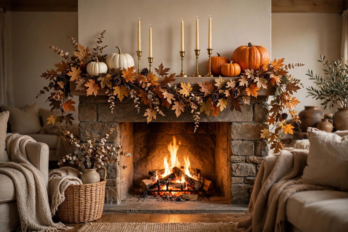 Fireplace mantel decorated for Thanksgiving with garland, pumpkins, and candles