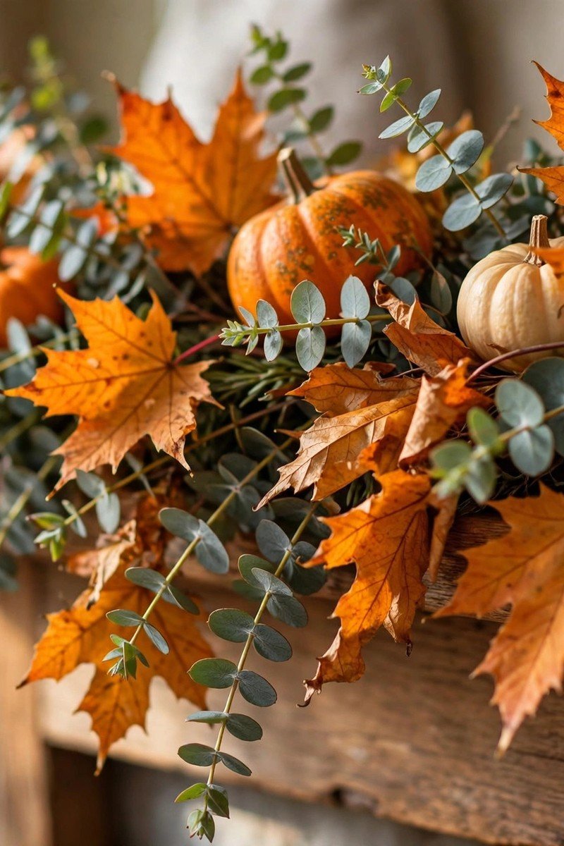 Fall garland with eucalyptus and orange leaves draped on a mantel
