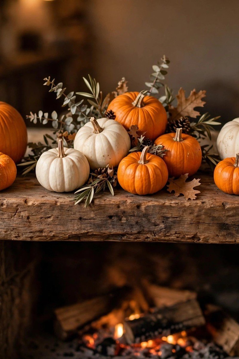 White and orange pumpkins arranged on a fireplace mantel