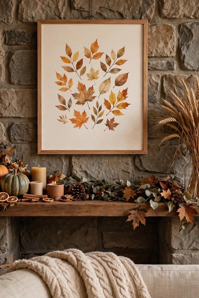Framed autumn print above a Thanksgiving mantel with wheat stems
